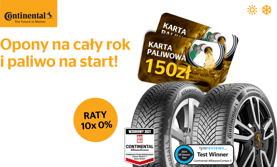 Kup komplet opon całorocznych AllSeasonContact i AllSeasonContact 2 marki Continental i otrzymaj kartę paliwową o wartości 100zł lub 150zł oraz skorzystaj z rat 0%