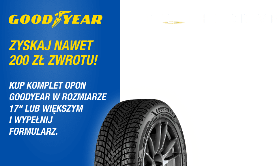 Kup komplet opon całorocznych lub letnich marki Goodyear, a następnie wypełnij formularz by otrzymać nawet 200zł! Wejdź na stronę i dowiedz się więcej o promocji!